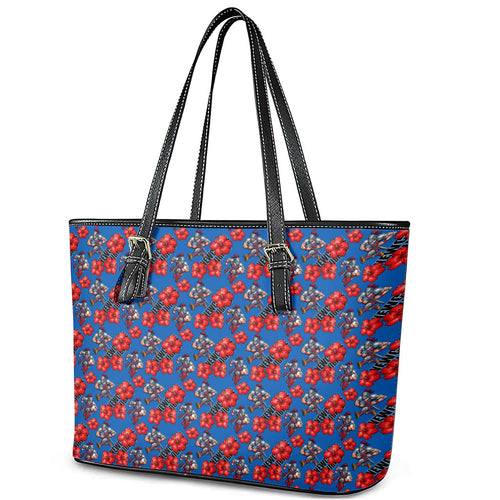 Newcastle Knights Leather Tote Bag Tropical Hibiscus Floral Seamless Rugby Mascot
