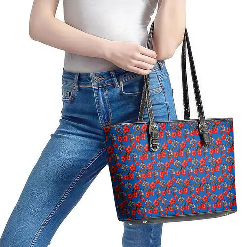 Newcastle Knights Leather Tote Bag Tropical Hibiscus Floral Seamless Rugby Mascot