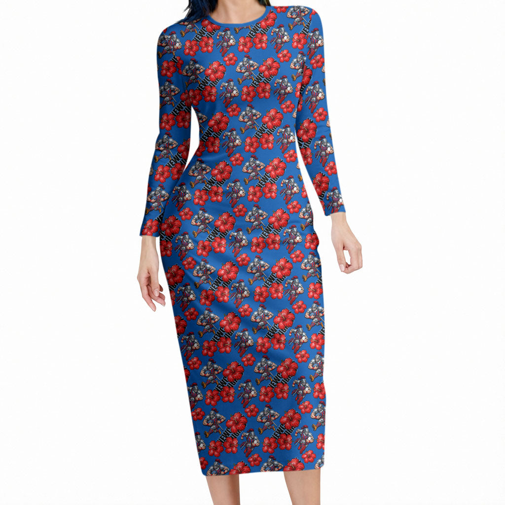 Newcastle Knights Long Sleeve Bodycon Dress Tropical Hibiscus Floral Seamless Rugby Mascot