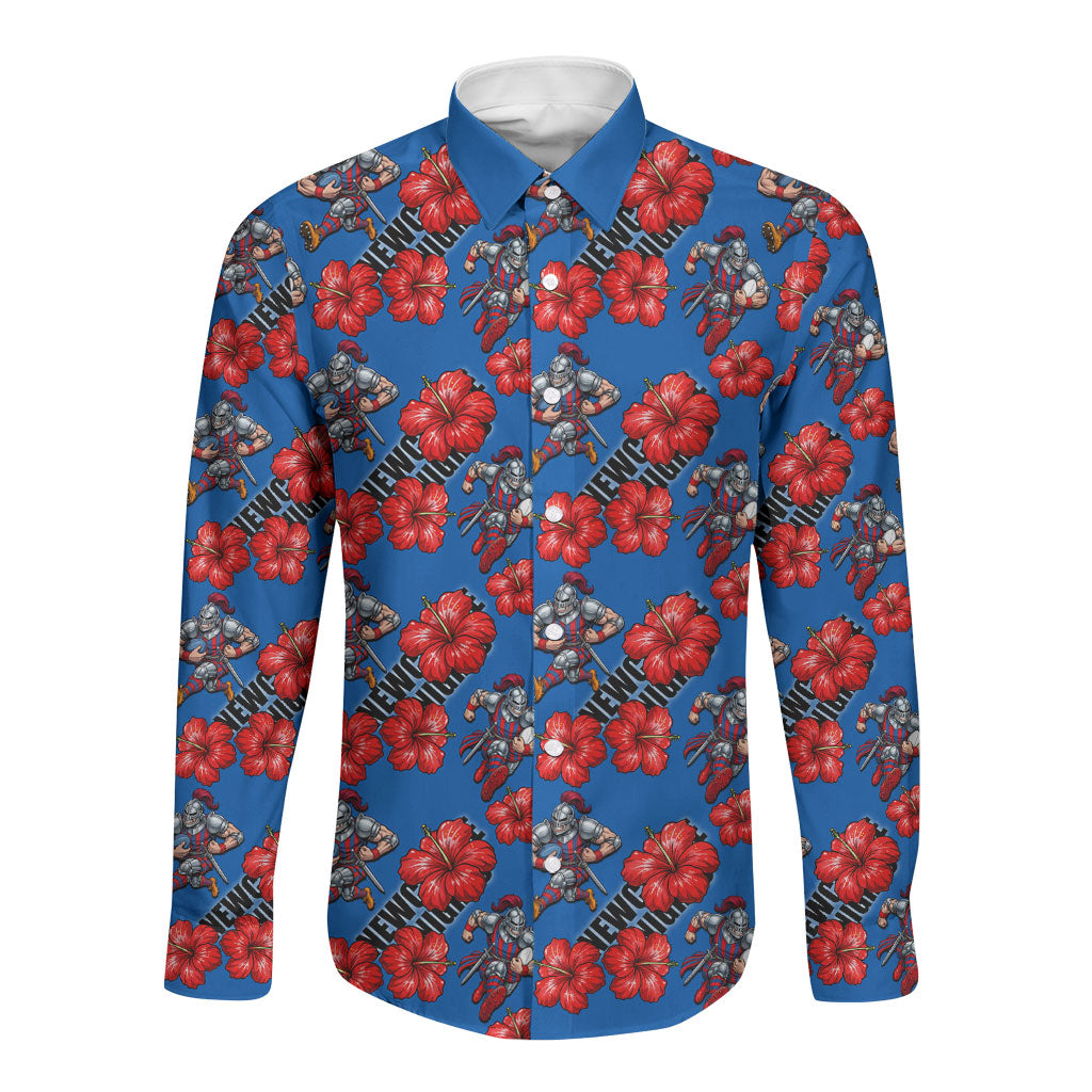 Newcastle Knights Long Sleeve Button Shirt Tropical Hibiscus Floral Seamless Rugby Mascot