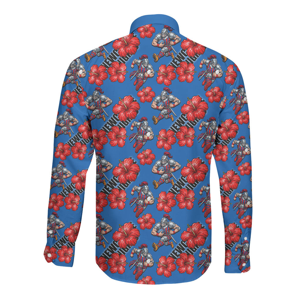 Newcastle Knights Long Sleeve Button Shirt Tropical Hibiscus Floral Seamless Rugby Mascot