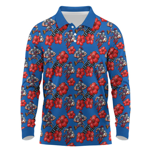 Newcastle Knights Long Sleeve Polo Shirt Tropical Hibiscus Floral Seamless Rugby Mascot