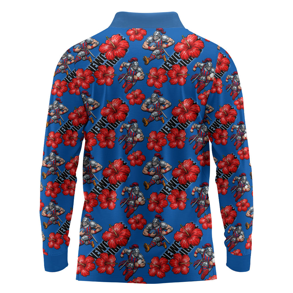 Newcastle Knights Long Sleeve Polo Shirt Tropical Hibiscus Floral Seamless Rugby Mascot