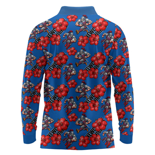 Newcastle Knights Long Sleeve Polo Shirt Tropical Hibiscus Floral Seamless Rugby Mascot