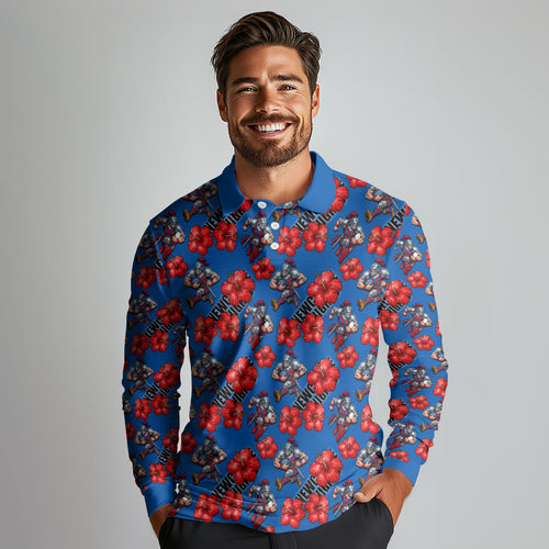Newcastle Knights Long Sleeve Polo Shirt Tropical Hibiscus Floral Seamless Rugby Mascot
