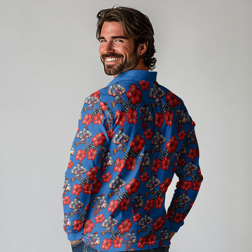 Newcastle Knights Long Sleeve Polo Shirt Tropical Hibiscus Floral Seamless Rugby Mascot