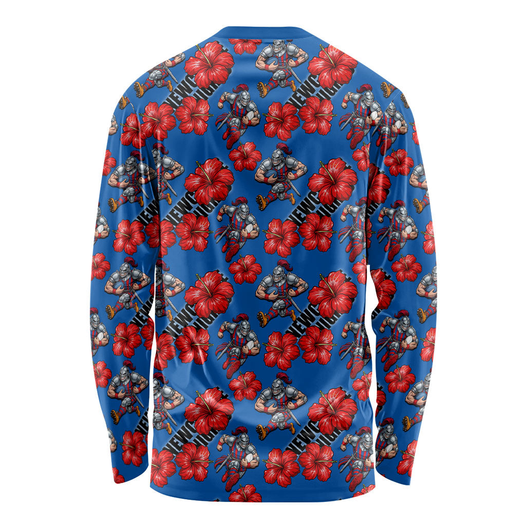 Newcastle Knights Long Sleeve Shirt Tropical Hibiscus Floral Seamless Rugby Mascot