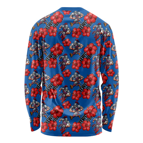Newcastle Knights Long Sleeve Shirt Tropical Hibiscus Floral Seamless Rugby Mascot
