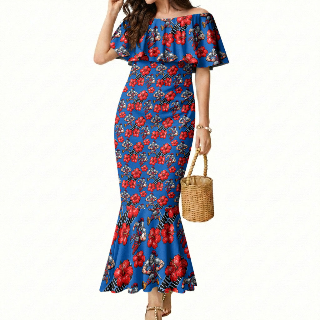 Newcastle Knights Mermaid Dress Tropical Hibiscus Floral Seamless Rugby Mascot