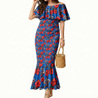Newcastle Knights Mermaid Dress Tropical Hibiscus Floral Seamless Rugby Mascot