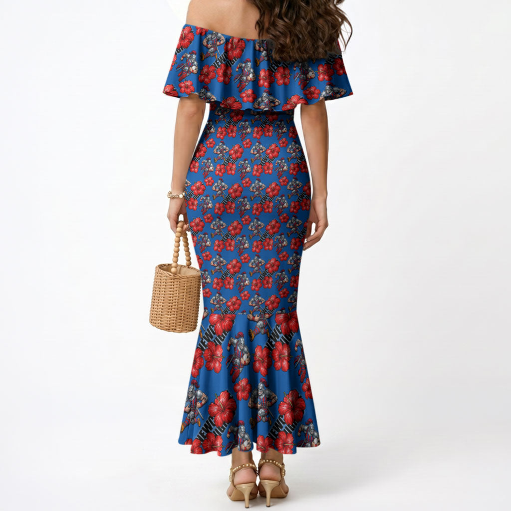 Newcastle Knights Mermaid Dress Tropical Hibiscus Floral Seamless Rugby Mascot