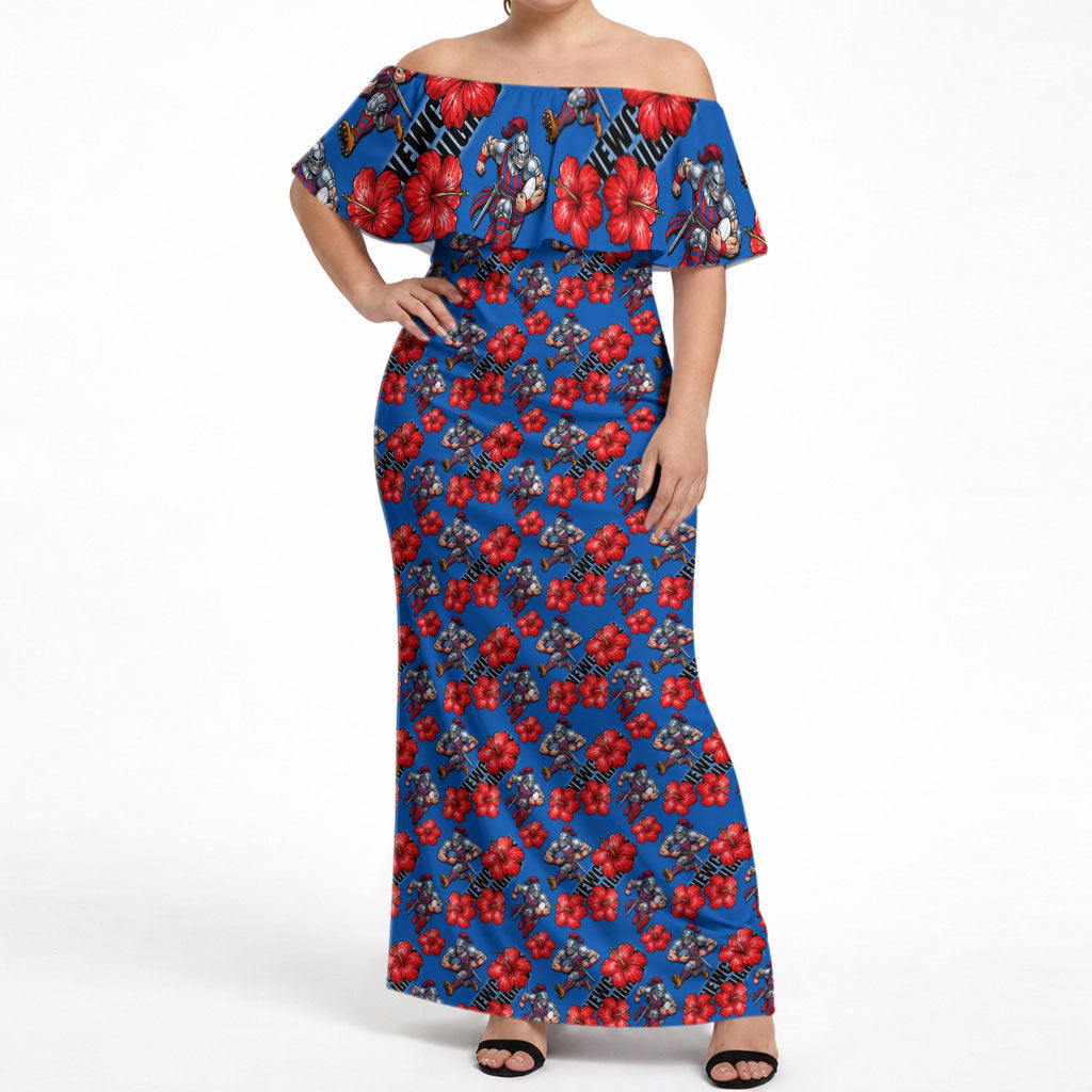 Newcastle Knights Off Shoulder Maxi Dress Tropical Hibiscus Floral Seamless Rugby Mascot