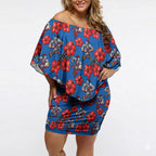 Newcastle Knights Off Shoulder Short Dress Tropical Hibiscus Floral Seamless Rugby Mascot