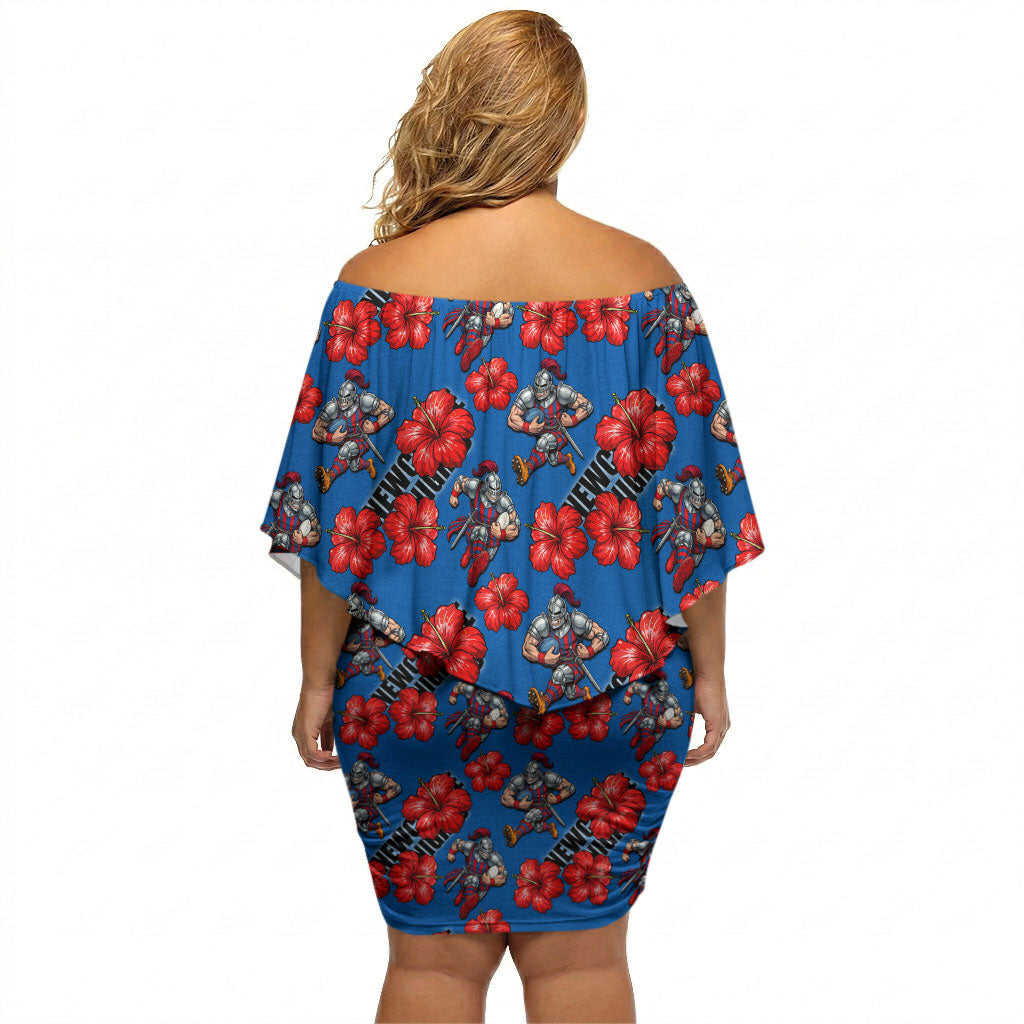 Newcastle Knights Off Shoulder Short Dress Tropical Hibiscus Floral Seamless Rugby Mascot