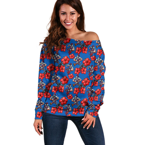 Newcastle Knights Off Shoulder Sweater Tropical Hibiscus Floral Seamless Rugby Mascot