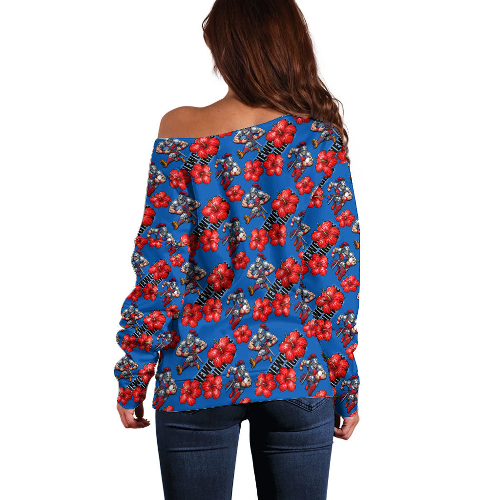 Newcastle Knights Off Shoulder Sweater Tropical Hibiscus Floral Seamless Rugby Mascot