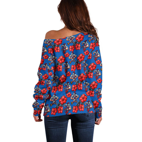 Newcastle Knights Off Shoulder Sweater Tropical Hibiscus Floral Seamless Rugby Mascot