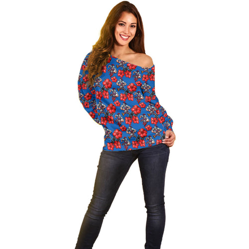Newcastle Knights Off Shoulder Sweater Tropical Hibiscus Floral Seamless Rugby Mascot