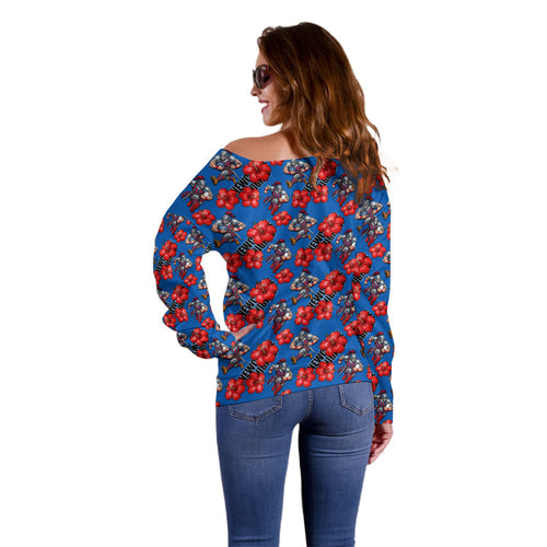 Newcastle Knights Off Shoulder Sweater Tropical Hibiscus Floral Seamless Rugby Mascot