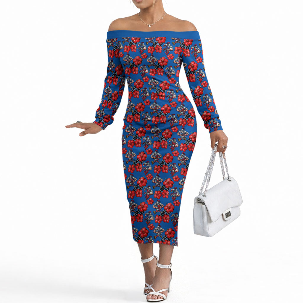 Newcastle Knights Off The Shoulder Long Sleeve Dress Tropical Hibiscus Floral Seamless Rugby Mascot