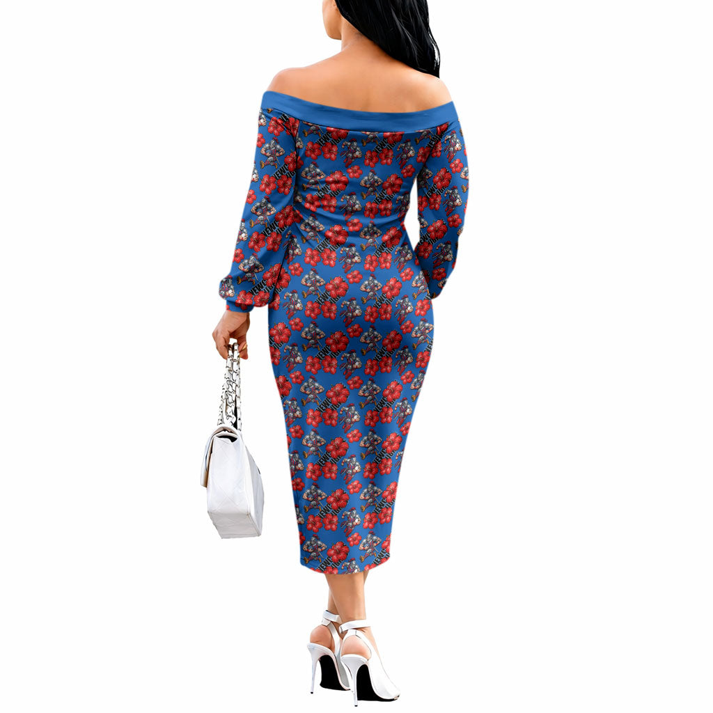 Newcastle Knights Off The Shoulder Long Sleeve Dress Tropical Hibiscus Floral Seamless Rugby Mascot