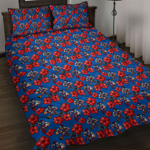 Newcastle Knights Quilt Bed Set Tropical Hibiscus Floral Seamless Rugby Mascot