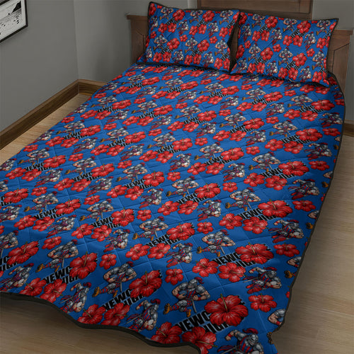 Newcastle Knights Quilt Bed Set Tropical Hibiscus Floral Seamless Rugby Mascot
