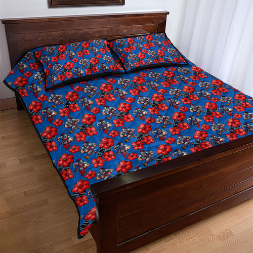Newcastle Knights Quilt Bed Set Tropical Hibiscus Floral Seamless Rugby Mascot