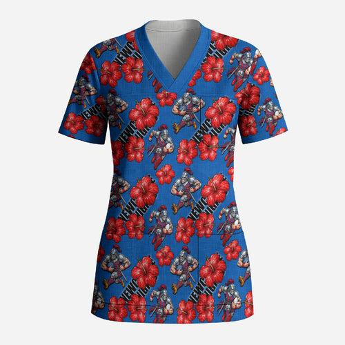 Newcastle Knights Scrub Top Tropical Hibiscus Floral Seamless Rugby Mascot