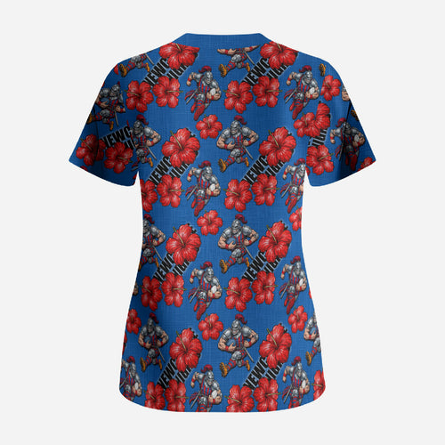 Newcastle Knights Scrub Top Tropical Hibiscus Floral Seamless Rugby Mascot