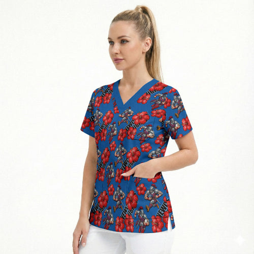 Newcastle Knights Scrub Top Tropical Hibiscus Floral Seamless Rugby Mascot