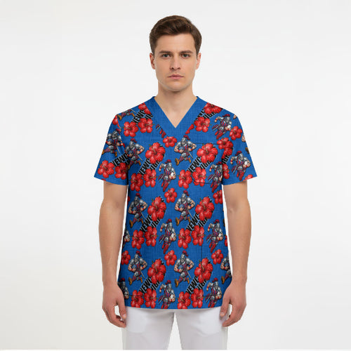 Newcastle Knights Scrub Top Tropical Hibiscus Floral Seamless Rugby Mascot