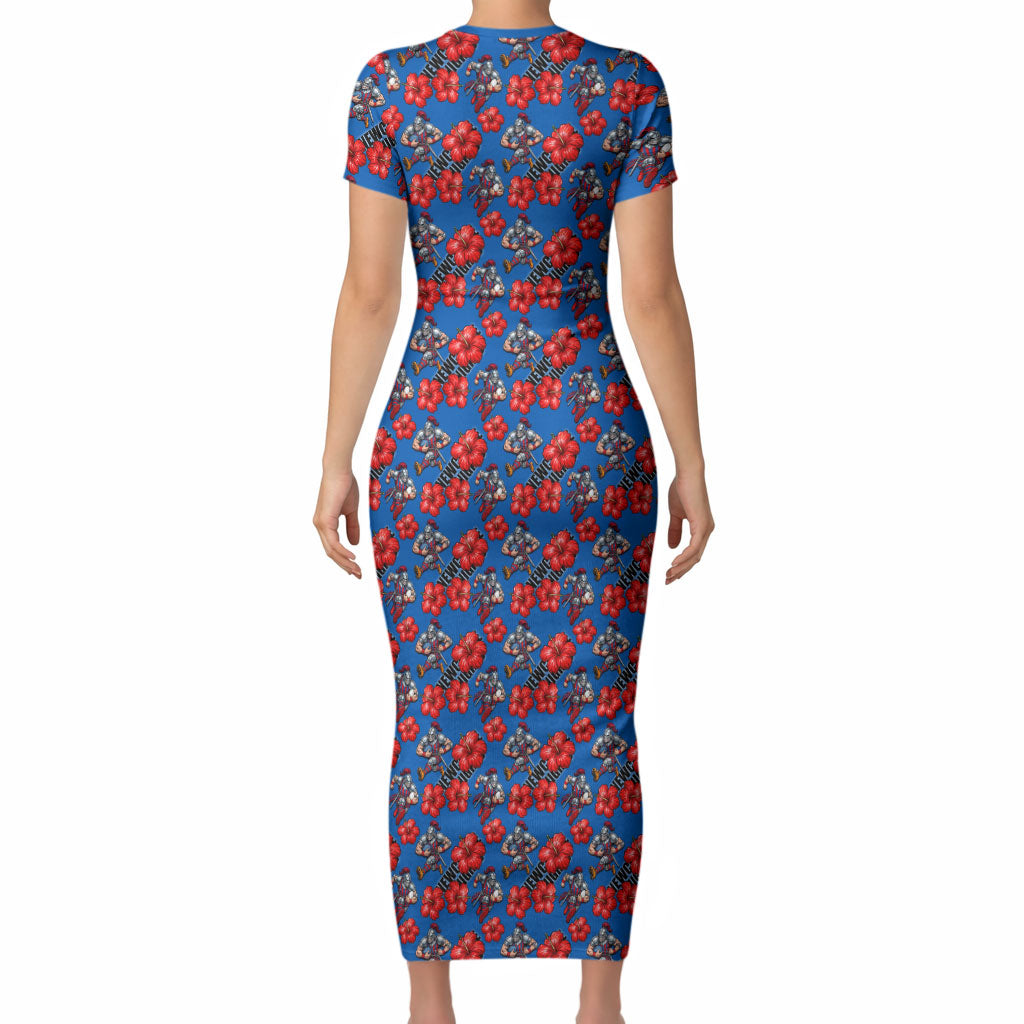 Newcastle Knights Short Sleeve Bodycon Dress Tropical Hibiscus Floral Seamless Rugby Mascot