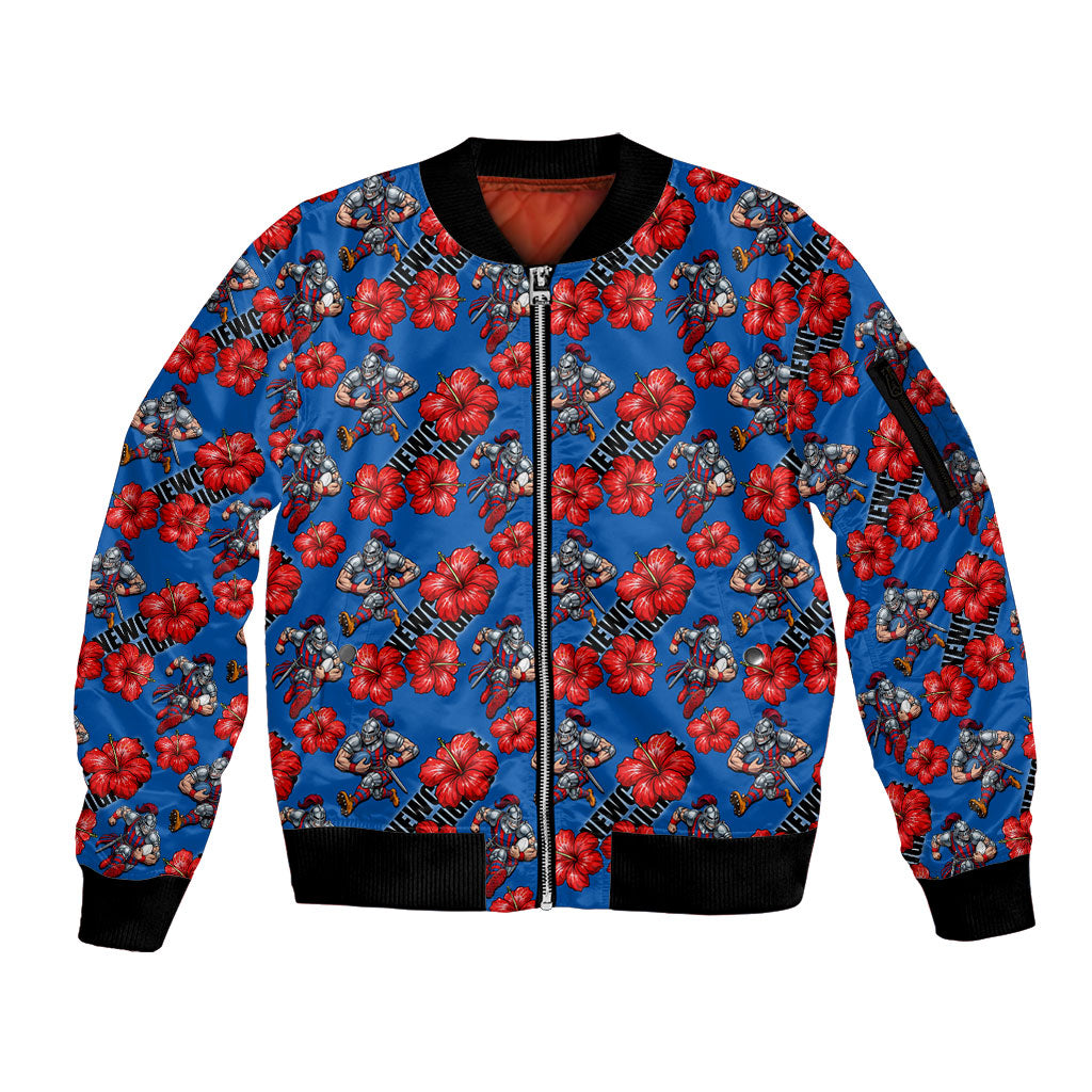 Newcastle Knights Sleeve Zip Bomber Jacket Tropical Hibiscus Floral Seamless Rugby Mascot