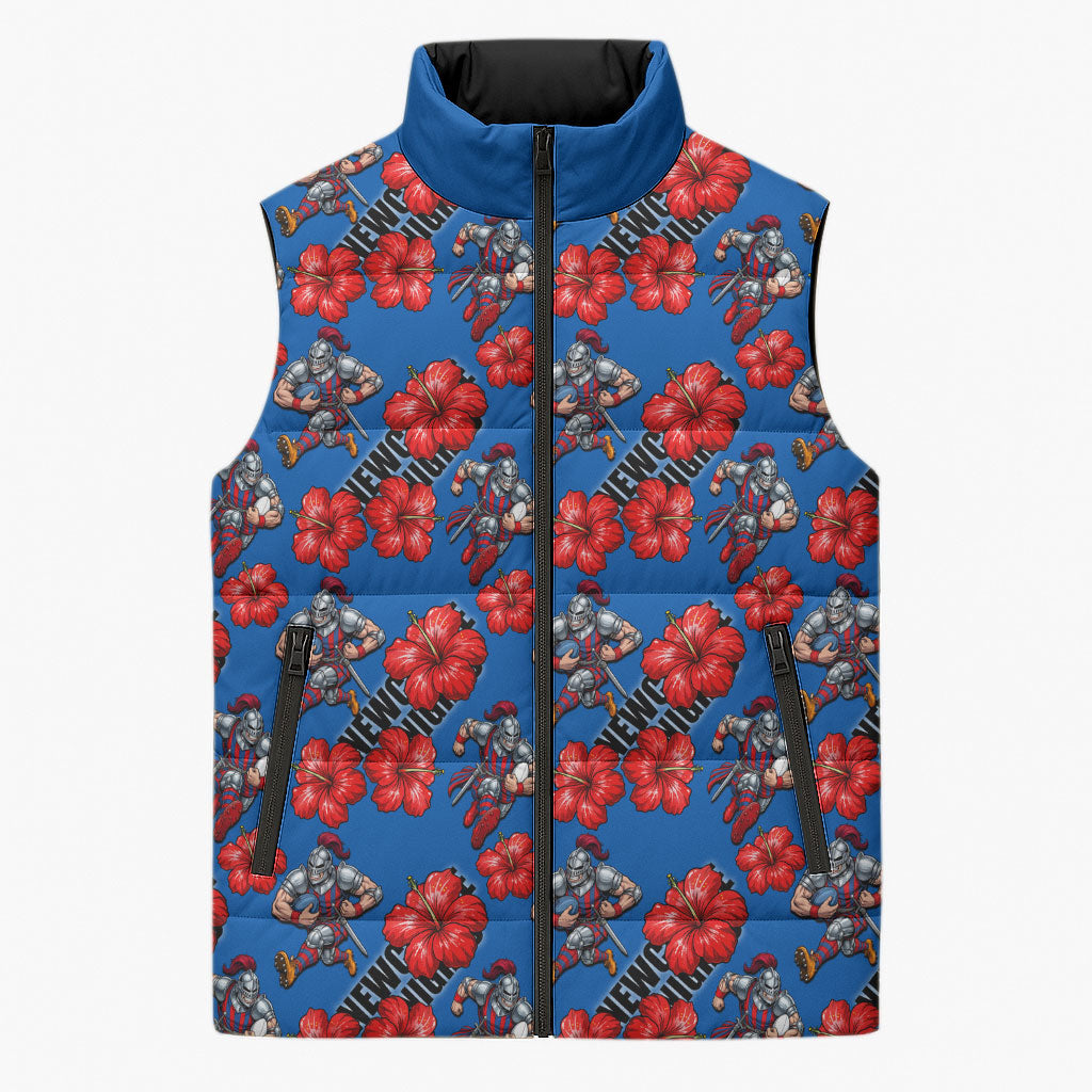 Newcastle Knights Sleeveless Puffer Jacket Tropical Hibiscus Floral Seamless Rugby Mascot