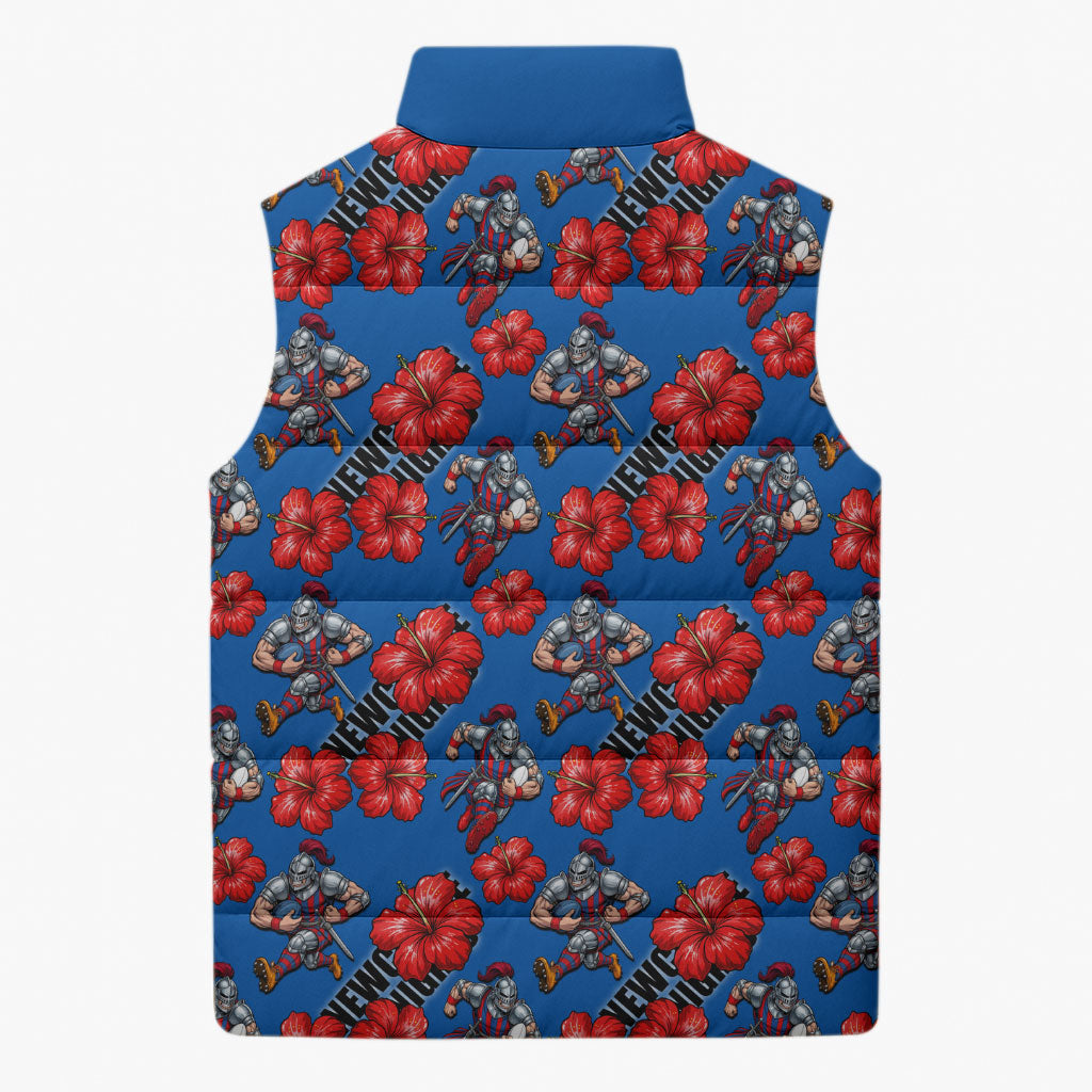 Newcastle Knights Sleeveless Puffer Jacket Tropical Hibiscus Floral Seamless Rugby Mascot