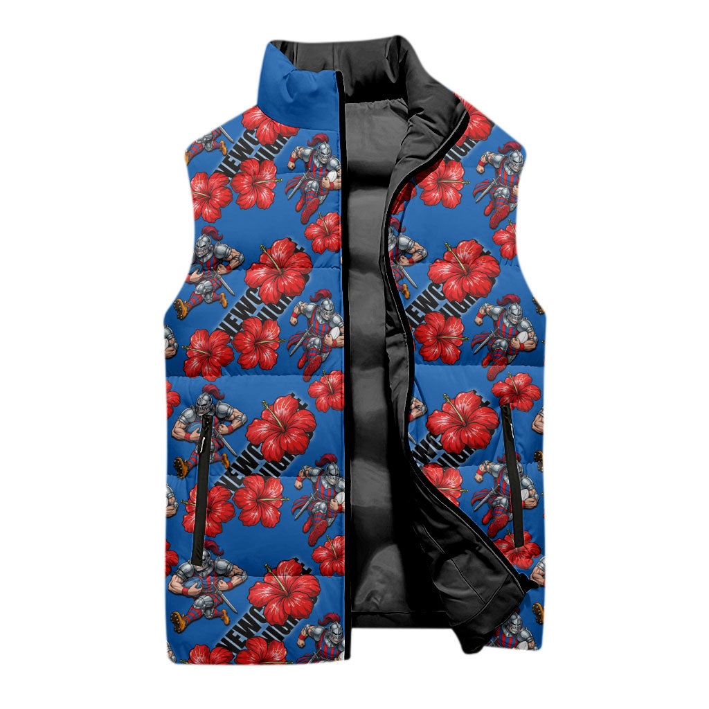 Newcastle Knights Sleeveless Puffer Jacket Tropical Hibiscus Floral Seamless Rugby Mascot
