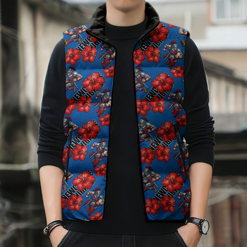 Newcastle Knights Sleeveless Puffer Jacket Tropical Hibiscus Floral Seamless Rugby Mascot