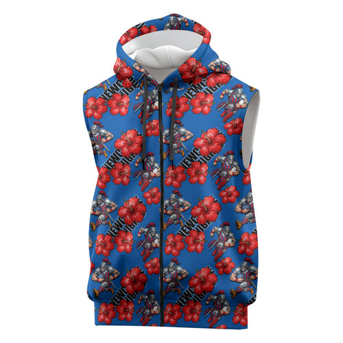 Newcastle Knights Sleeveless Zip Hoodie Tropical Hibiscus Floral Seamless Rugby Mascot