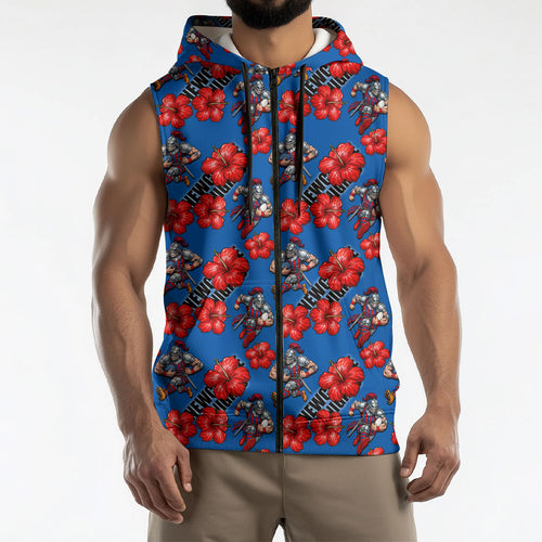 Newcastle Knights Sleeveless Zip Hoodie Tropical Hibiscus Floral Seamless Rugby Mascot