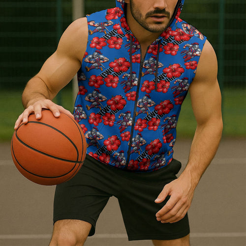 Newcastle Knights Sleeveless Zip Hoodie Tropical Hibiscus Floral Seamless Rugby Mascot