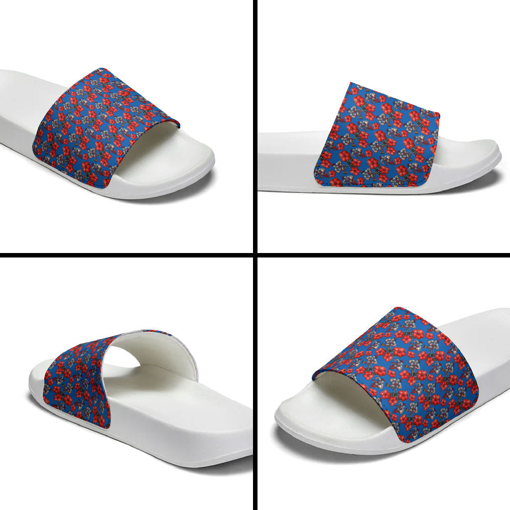 Newcastle Knights Slide Sandals Tropical Hibiscus Floral Seamless Rugby Mascot