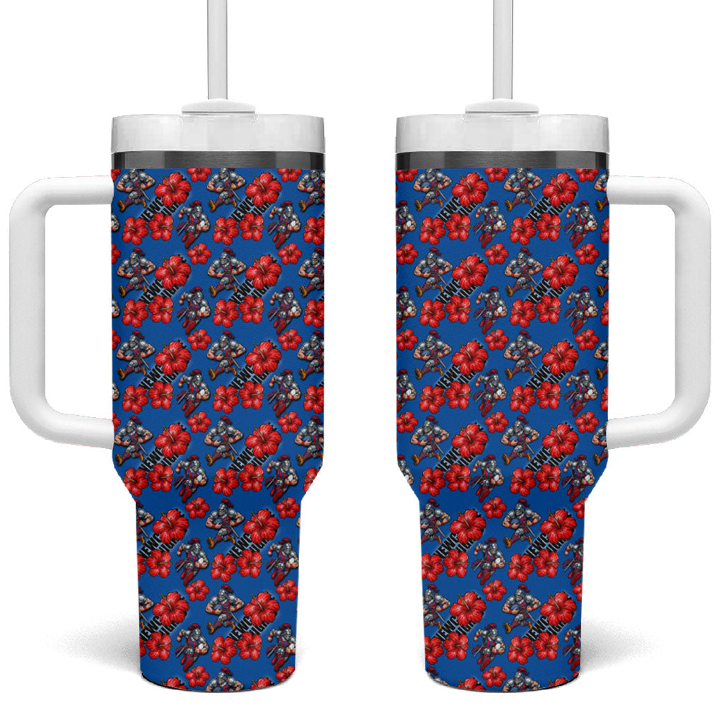 Newcastle Knights Tumbler With Handle Tropical Hibiscus Floral Seamless Rugby Mascot