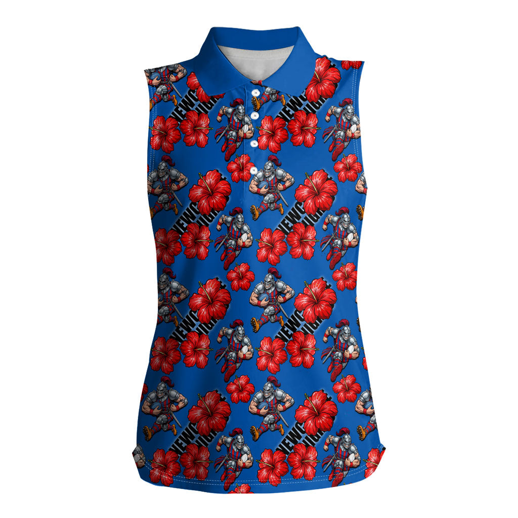 Newcastle Knights Women Sleeveless Polo Shirt Tropical Hibiscus Floral Seamless Rugby Mascot