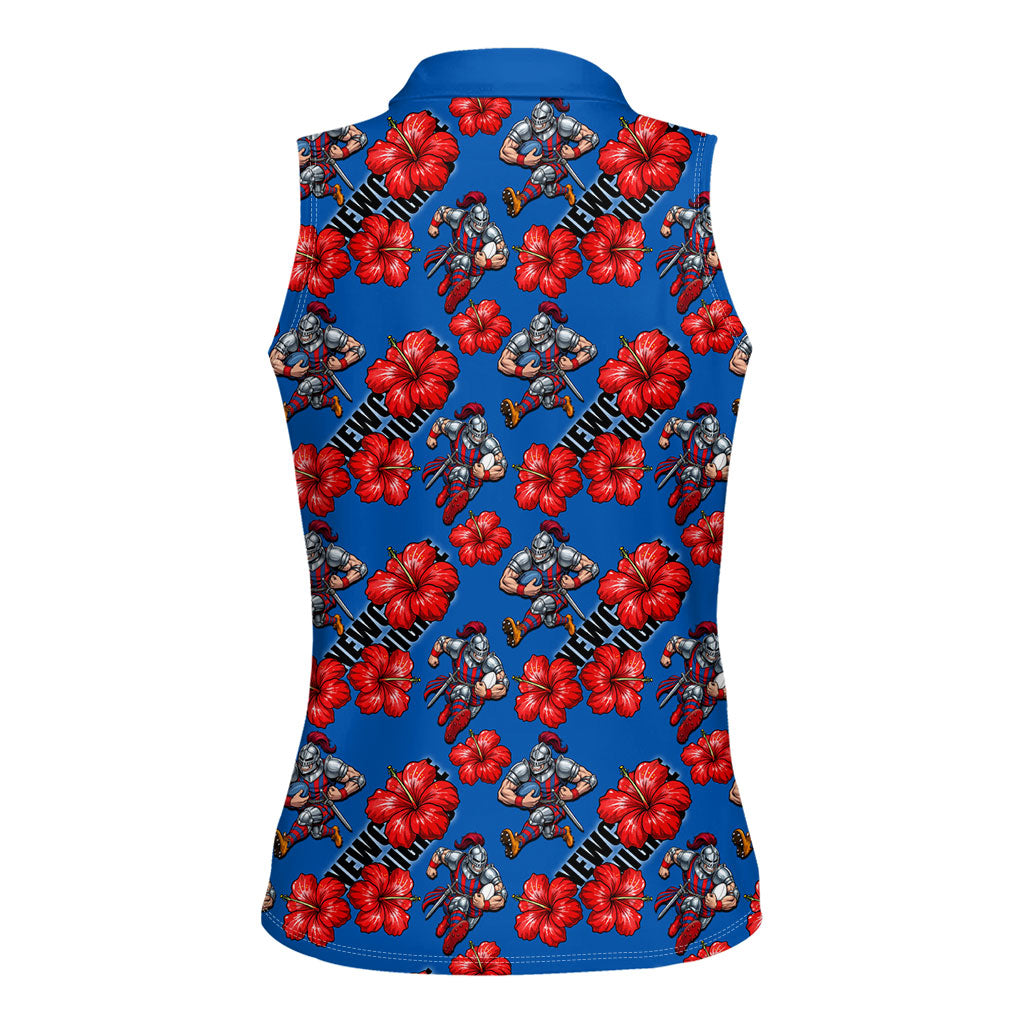 Newcastle Knights Women Sleeveless Polo Shirt Tropical Hibiscus Floral Seamless Rugby Mascot