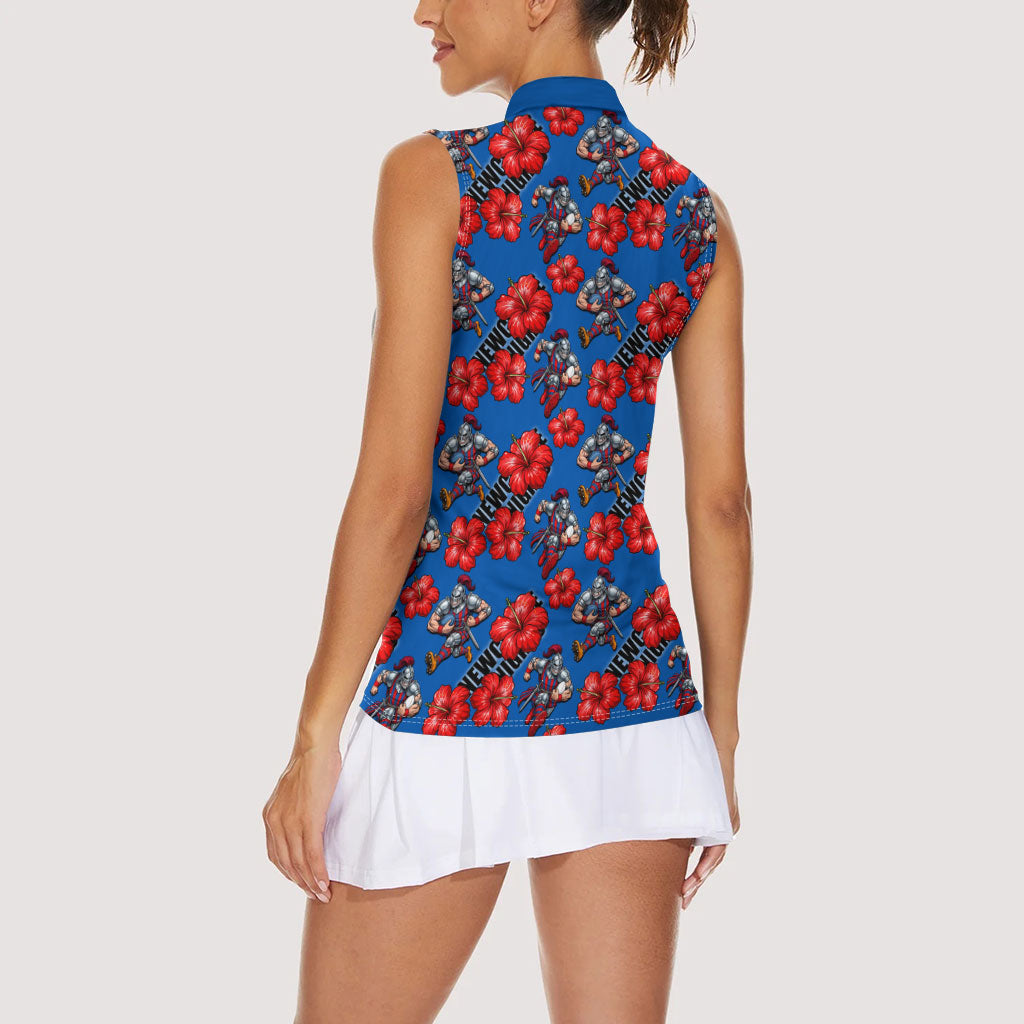 Newcastle Knights Women Sleeveless Polo Shirt Tropical Hibiscus Floral Seamless Rugby Mascot
