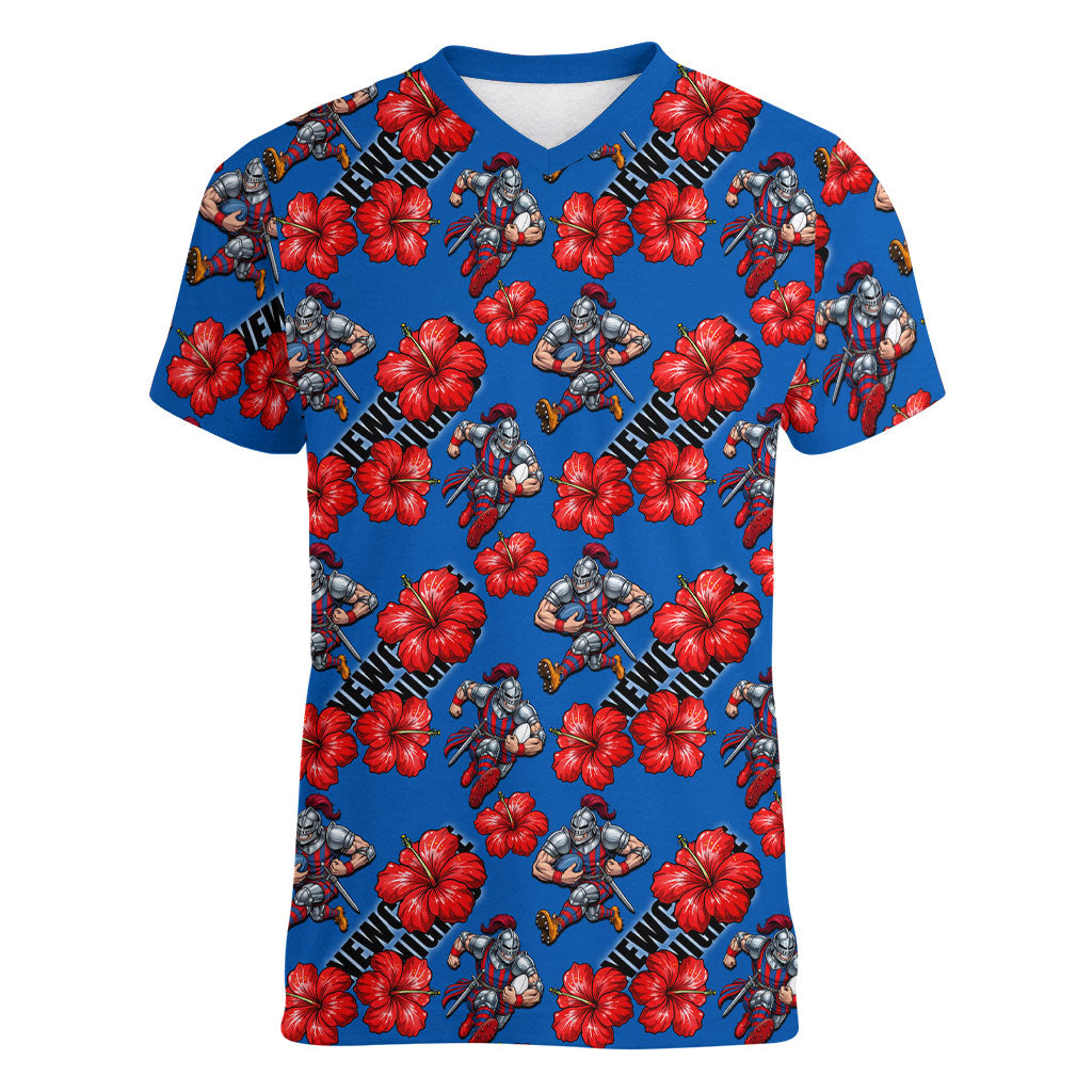 Newcastle Knights Women V-Neck T-Shirt Tropical Hibiscus Floral Seamless Rugby Mascot