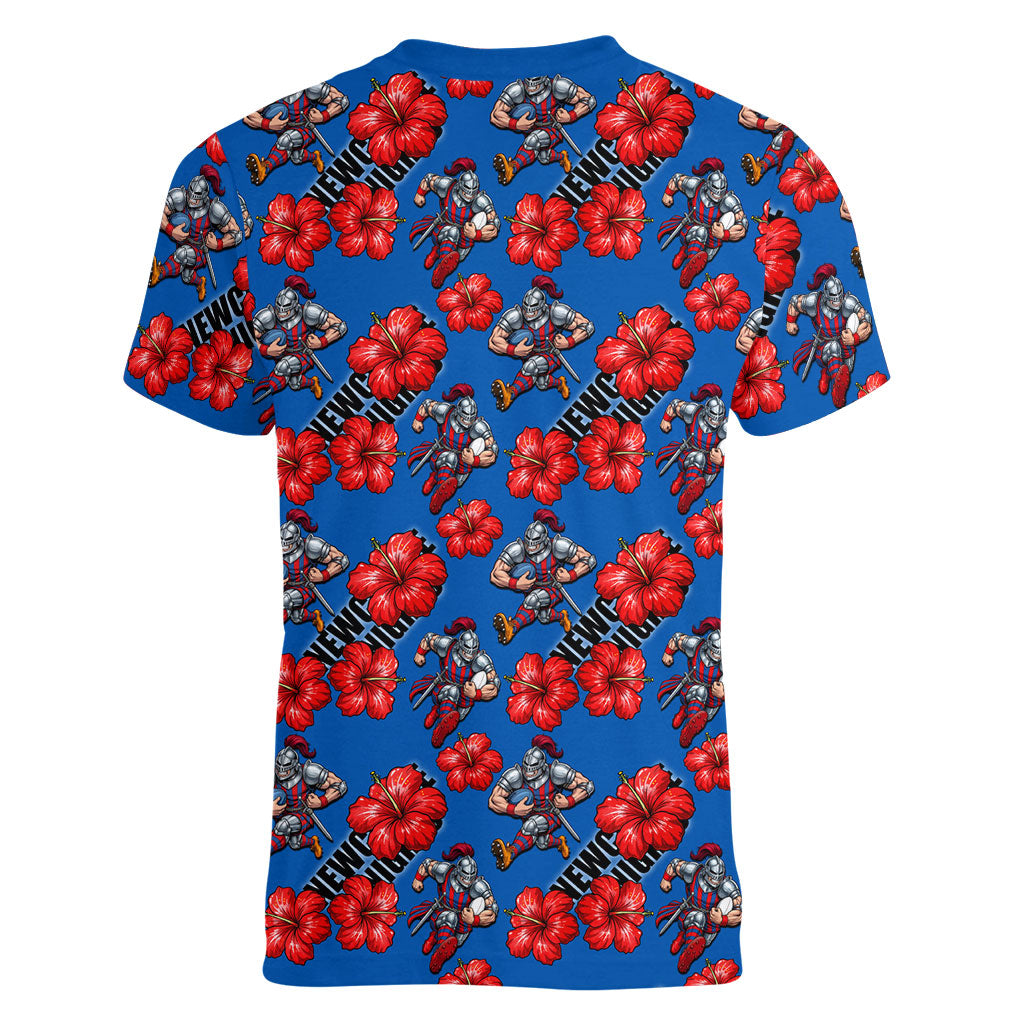 Newcastle Knights Women V-Neck T-Shirt Tropical Hibiscus Floral Seamless Rugby Mascot