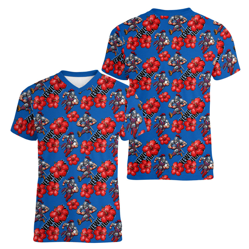Newcastle Knights Women V-Neck T-Shirt Tropical Hibiscus Floral Seamless Rugby Mascot