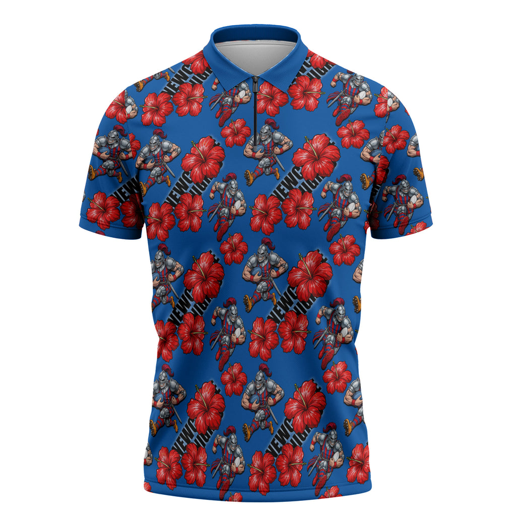 Newcastle Knights Zipper Polo Shirt Tropical Hibiscus Floral Seamless Rugby Mascot